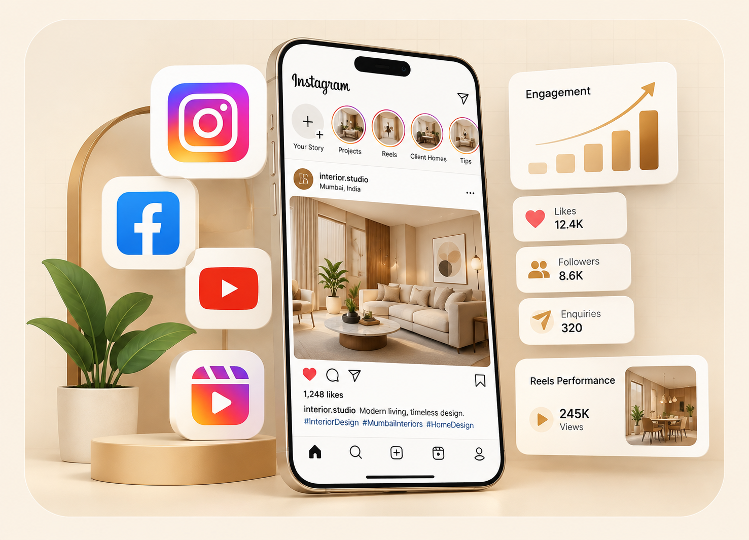 Social platforms we manage: Instagram, Facebook, LinkedIn, YouTube and Canva
